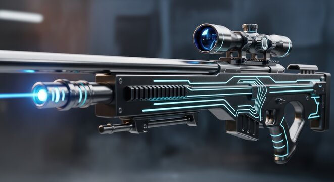 Futuristic Sci-Fi Sniper Rifle with Glowing Circuitry and Laser Sight.