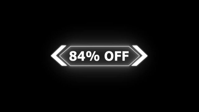 Abstract 84 Percent Off Sale Discount Offer promotion savings deal ideal for e-commerce, advertising, and marketing campaigns. Neon Glowing Banner Animation on Sunburst Background Overlay Loop.