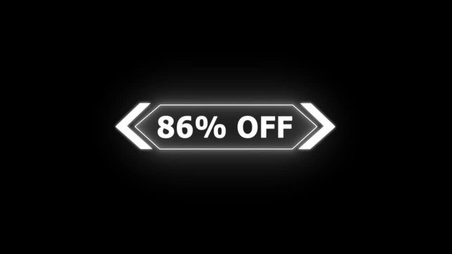 Abstract 86 Percent Off Sale Discount Offer promotion savings deal ideal for e-commerce, advertising, and marketing campaigns. Neon Glowing Banner Animation on Sunburst Background Overlay Loop.