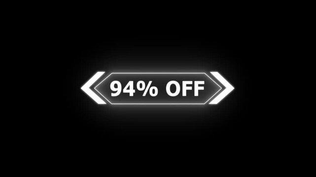 Abstract 94 Percent Off Sale Discount Offer promotion savings deal ideal for e-commerce, advertising, and marketing campaigns. Neon Glowing Banner Animation on Sunburst Background Overlay Loop.