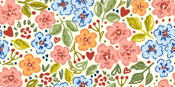 Cute floral vector seamless pattern. Blue, pink flowers, heart, leaves on a light background. For fabric prints and textile products. Spring and summer collection.