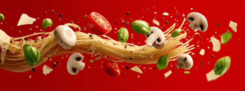 Creative Promotional Banner Featuring Flying Ingredients of Pasta Dish in Vibrant Red Background