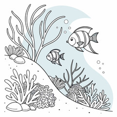 Underwater ocean scene coloring page with two fishes swimming amongst seaweeds and corals on sandy seabed, marine life © Sirajum