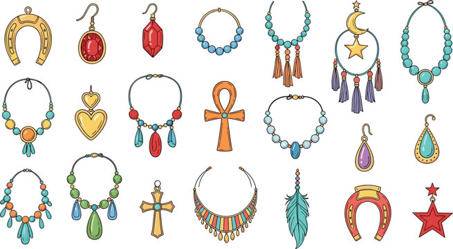 Collection of Colorful Jewelry Designs Including Necklaces, Earrings, and Charms with Gemstones, Feathers, and Unique Shapes in a Cartoon Style