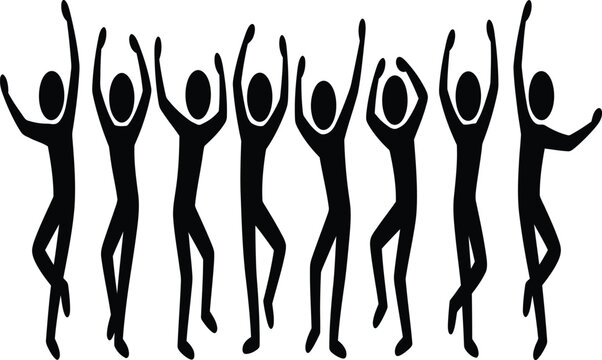 Seven silhouette dancers in joyful jumping motion together