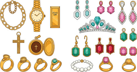 Luxury Jewelry Collection Featuring Gold Rings, Watches, Earrings, Bracelets, and a Tiara with Gemstones in Cartoon Style © MstRozinaAkter