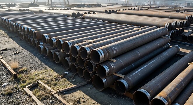 A large pile of black industrial steel pipes stacked neatly at an outdoor construction storage site. rury stalowe