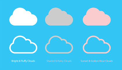Obraz premium Minimalist Cloud Icon Set Flat and Outline Vector Elements for Weather, Sunset, and Cloud Computing