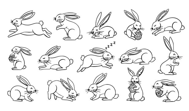 Sketchy pastel Easter bunny vector set with playful spring hares in retro hand drawn style isolated on white