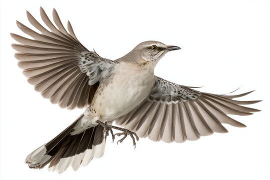 mockingbird bird hovering on white background