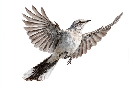 mockingbird bird hovering on white background