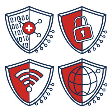Cyber security shield with data, global network, lock, and wifi signal, modern icon set for digital protection services