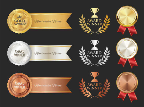 Number 1 award winner, Best Quality Luxury Gold Bronze Silver badge premium emblem isolated on black background illustration 