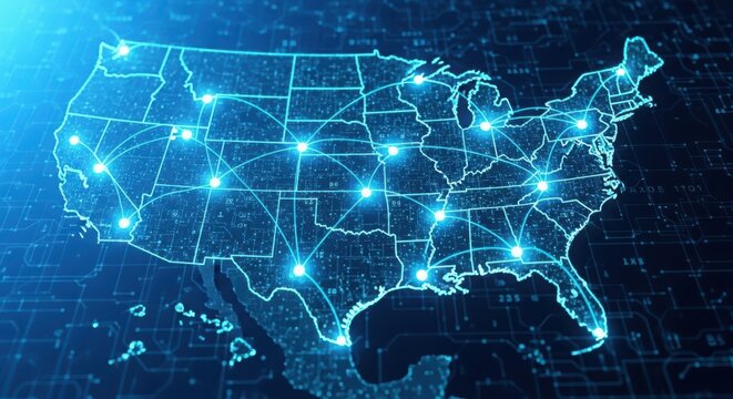 united states map with glowing blue connections and network nodes