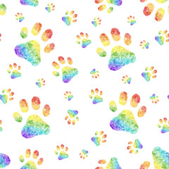 Rainbow Seamless Cat Paw Pattern On White Background © Elise