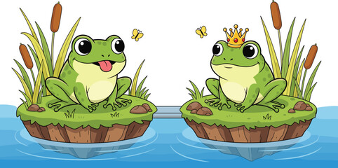 Fototapeta premium Two Frogs in a Pond, One Playful and One Royal with a Crown, Sitting on Lily Pads with Butterflies in a Cartoon Style