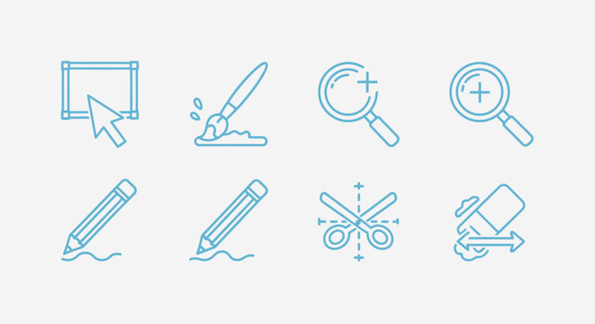 Set of outline graphic design tools icons on white background