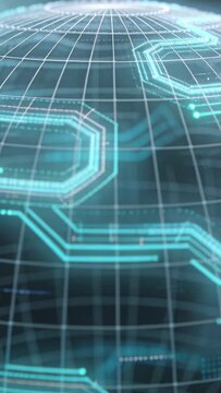 Vertical video: Camera push revealing holo globe pulsing cyan circuits in virtual HUD, showing data