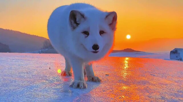 A white arctic fox sits on a snowy landscape during a serene sunset video