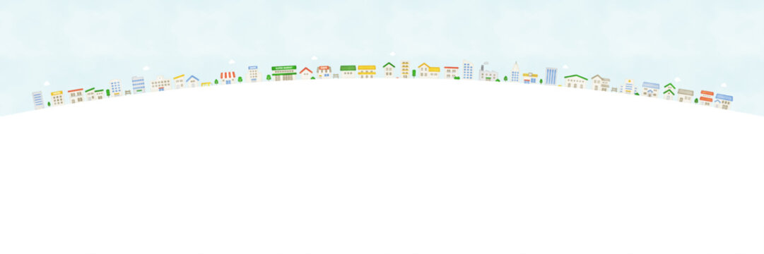 Watercolor panoramic houses landscape with gentle curved horizon and open sky space