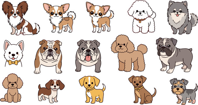 Cute Dog Breeds Cartoon Illustration Including Bulldogs, Chihuahuas, Poodles, and More