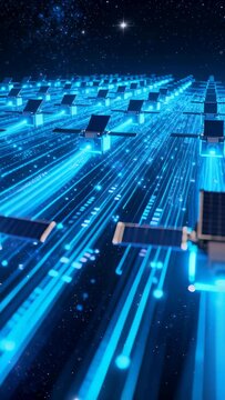 Cube satellite fleet gliding above pulsing data lanes, camera moving forward showing space tech