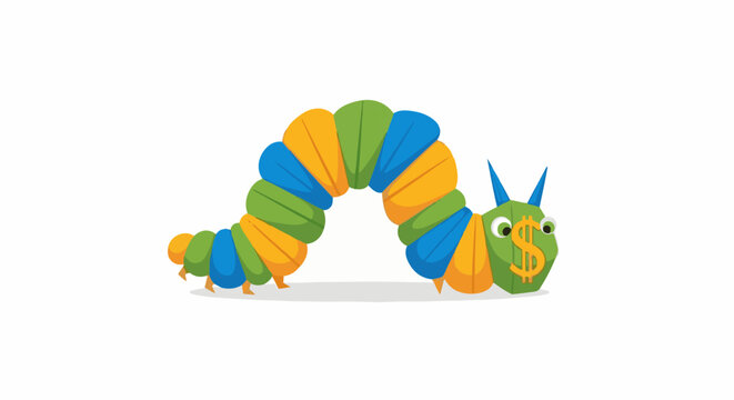 Cartoon caterpillar with segmented body, green head with dollar sign, blue antennae, and tiny legs