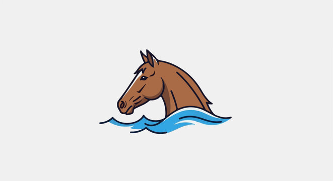 Brown horse head emerges from stylized blue water waves