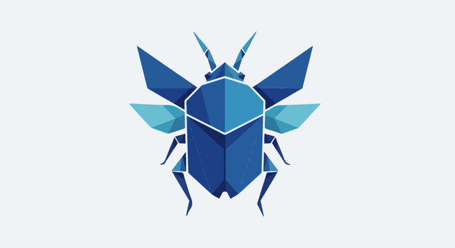 Stylized blue beetle with geometric wings and segmented body