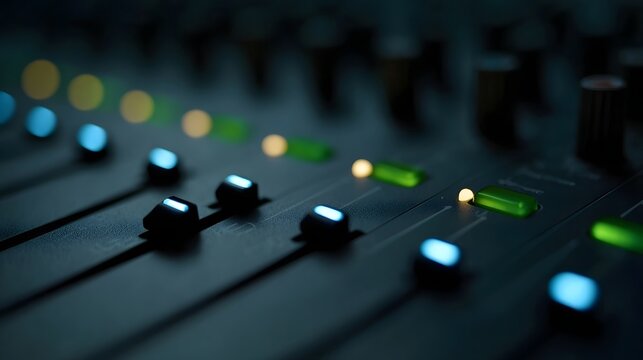 Close up view of illuminated faders and lights on an audio mixing console in a dark studio