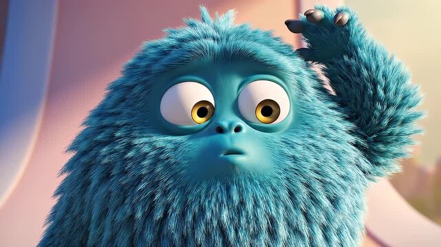 Cute furry monster cartoon character displaying emotional progression from angry to confused and surprised