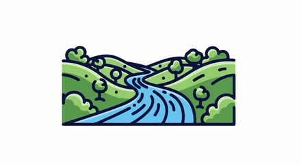 Fototapeta premium Stylized rolling green hills with a winding blue river and trees