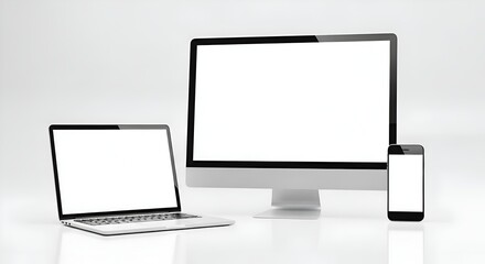 Fototapeta premium Modern electronic devices: laptop, desktop monitor, and smartphone on white background