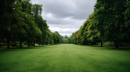Obraz premium A symmetrical avenue of mature trees lines a vast vibrant green lawn under a dramatic cloudy sky