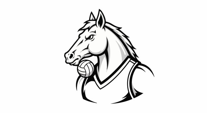 Fierce horse head with a volleyball held in its mouth and sporting a jersey