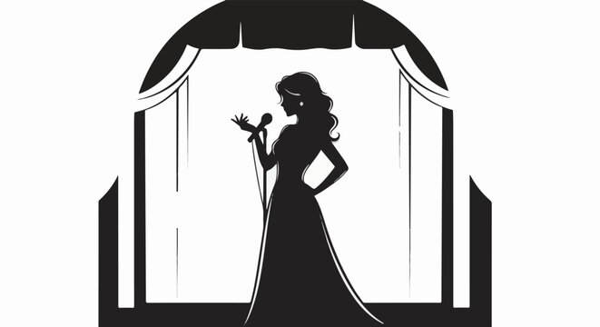 Elegant woman in formal gown performs on stage with microphone