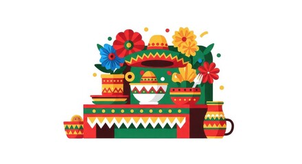 Naklejka premium Colorful illustration of traditional pottery and vibrant flowers