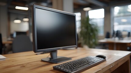 Fototapeta premium A modern office workstation featuring a computer monitor keyboard and mouse on a wooden desk