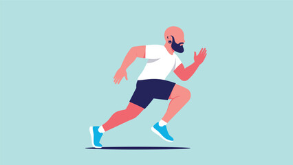 Obraz premium Bald man with a thick beard and earrings runs fast in a white t-shirt and blue shorts on a light blue background.