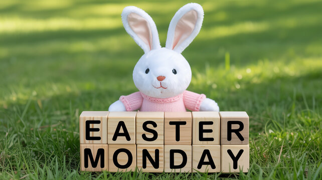 Easter Monday bunny on wooden blocks