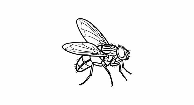 Detailed outline drawing of a common housefly in side profile on a white background