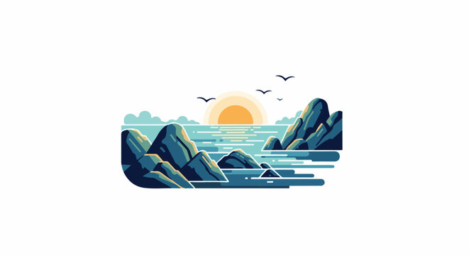 Stylized coastal scene with sun setting over water and rocky outcrops