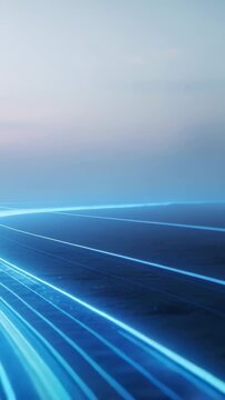 Vertical video: Moving in from right blue light trails curving across dark floor as data flow