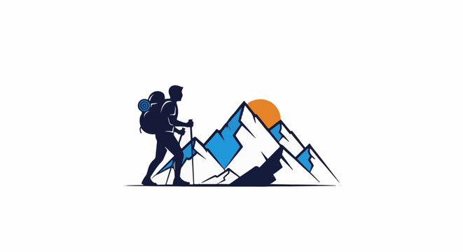 Silhouette hiker with backpack and poles traverses mountainous terrain at sunrise