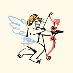 Cupid with bow, arrow, heart. Cute little winged character. Hand drawn Vector illustration. Isolated design element. Valentine's Day, romance, love concept. Quirky, crayon, childish style