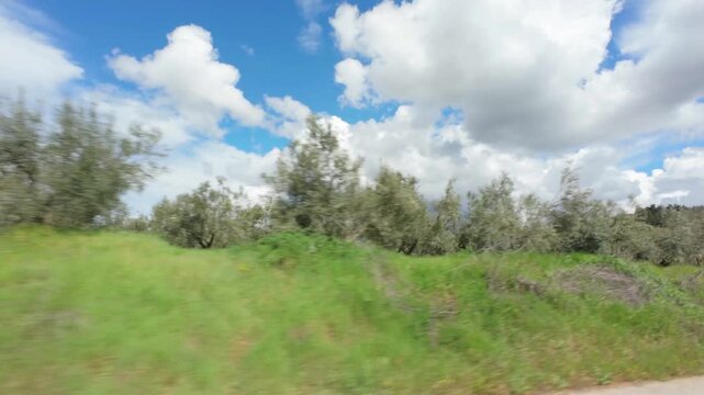 driving on rural road through fields in early spring