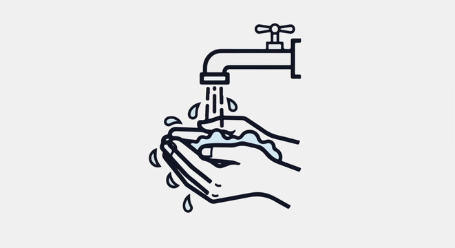 Stylized illustration of hands washing under a faucet with water droplets