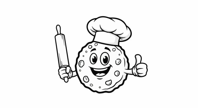 Cartoon cookie chef with rolling pin and thumbs up, black and white