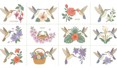 Fototapeta premium Elegant hummingbird and floral vector set with nature inspired bird illustrations isolated on white background