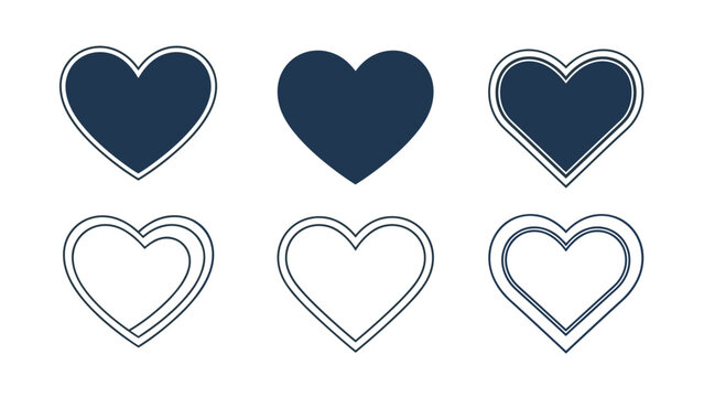 Collection of simple dark blue heart icons including solid shapes and multi layered outlines for elegant branding and romantic design.
